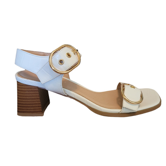 Topshop white square toe gold buckle sandal with rounded block heels women's 39 - Picture 1 of 9